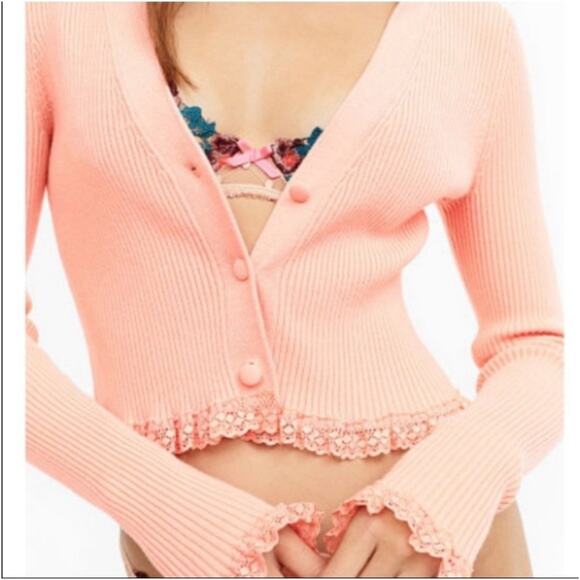 For Love And Lemons Black Cropped Rib Knit Nina Cardigan Lace Trim Sz M - Picture 1 of 8